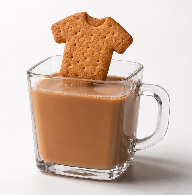 A cup of tea with a T-shirt shaped biscuit
